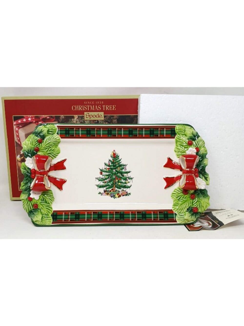 Spode Christmas Tree Platter Tray 12 Inch Tartan Plaid Red Bows W/Box #SB